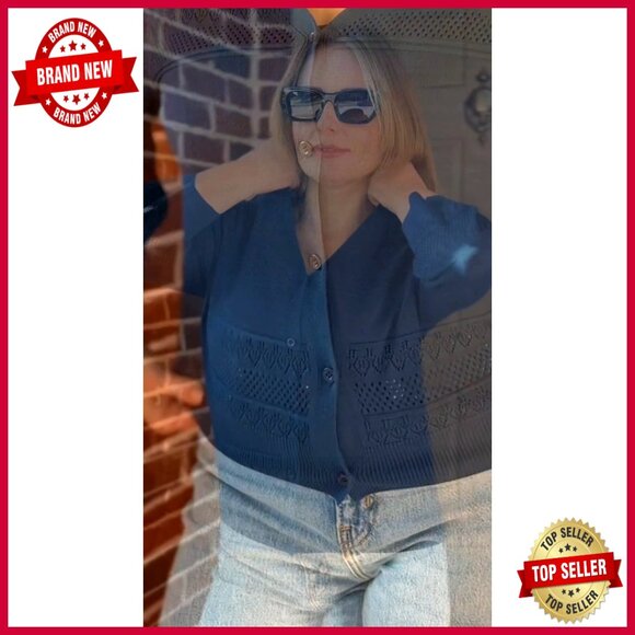 Cropped Cardigan 3/4 Sleeve Lightweight Crochet Hollowed-Out Knit Shrug Elegant - Picture 7 of 7